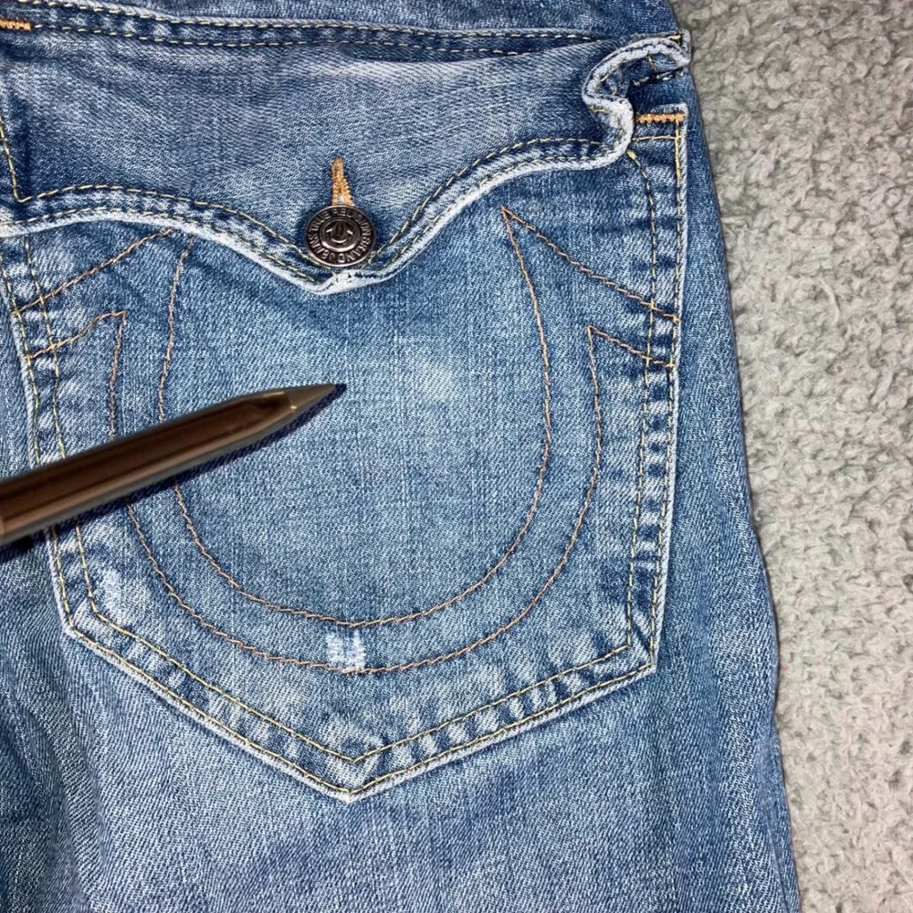 Vtg True Religion Slim Straight Jeans Men 34 Blue Flap Pocket Whiskered USA Made